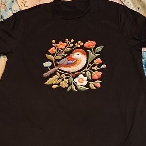 Chic Black Tee with  Bird Flower Design